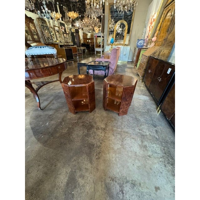 Art Deco Pair of Italian Art Deco Design Burlwood Side Tables For Sale - Image 3 of 7