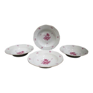 Herend Pink Raspberry Chinese Flower Bouquet 9 " Large Rim Soup Bowl Set of 4 For Sale