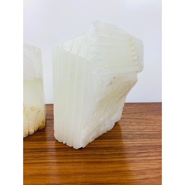 Gemstone Vintage Brutal Carved White Onyx Stone Pair of Bookends For Sale - Image 7 of 10