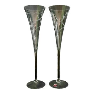 Vintage Romanian Fluted Champagne Glasses – Set of 2 Tall 11 7/8” Elegant Glassware For Sale