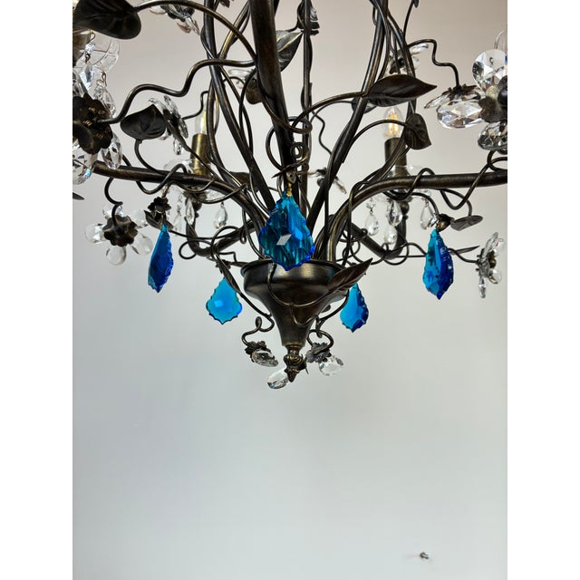 Large Vintage 1990s Wrought Iron Floral Chandelier With Crystal Flowers & Aqua Blue Stones Details For Sale - Image 17 of 17