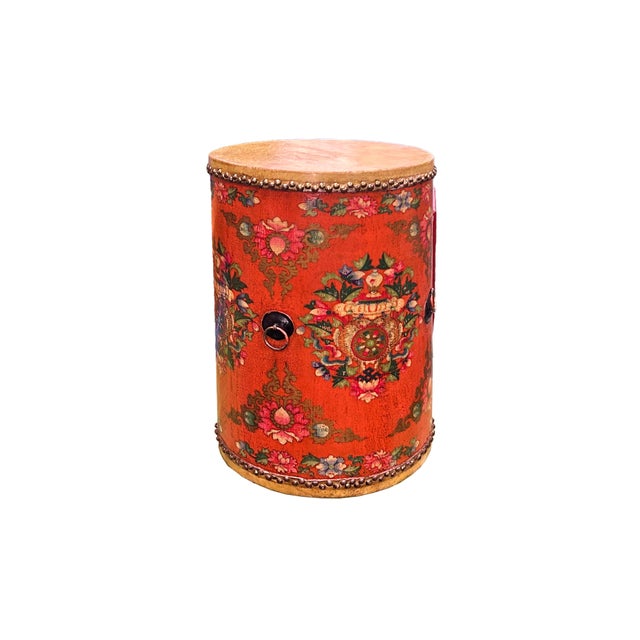 Distressed Orange Tibetan Style Jewel Tower Graphic Round Drum Table For Sale - Image 4 of 8