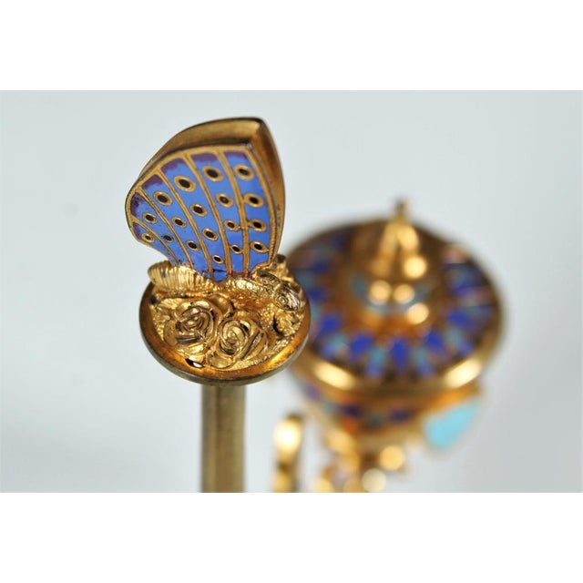 Beautiful antique inkwell made of brass with enameled ornaments. France, late 19th century.