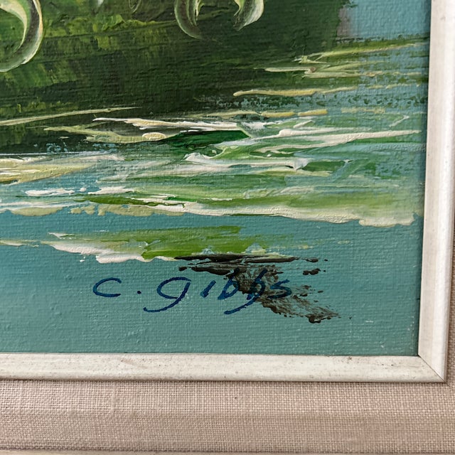 Sky Blue Vintage Oil Painting on Canvas Coastal Scene W/ Boats and House by C. Gibbs Framed For Sale - Image 8 of 12