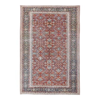 Antique Sultanabad Rug With Large Flower Design in Soft Red Field & Multi Colors 9'7 X 13'10 For Sale