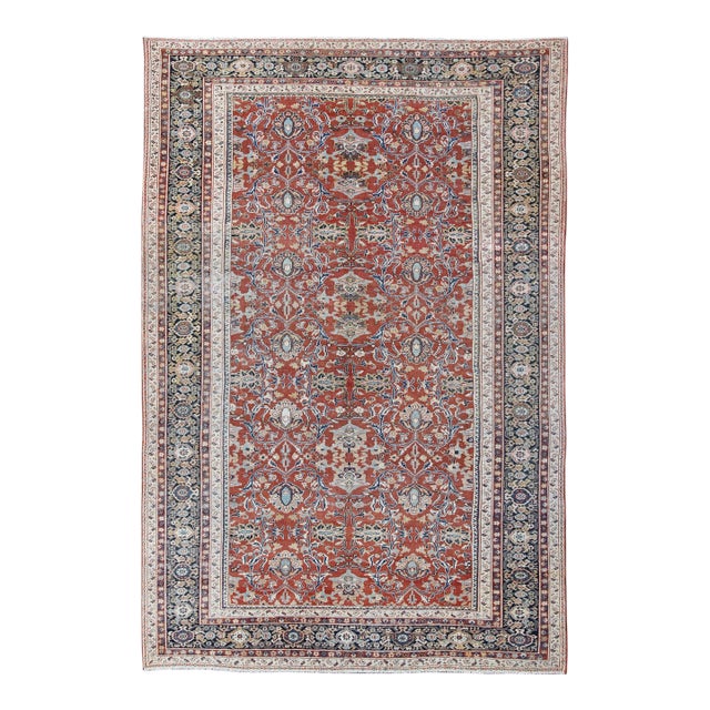 Antique Sultanabad Rug With Large Flower Design in Soft Red Field & Multi Colors 9'7 X 13'10 For Sale