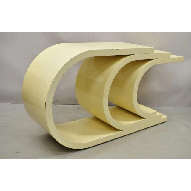 Vintage Hollywood Regency Triple "C" Bone Lacquer Sculptural Springer Style Console Hall Table. Item features bone colored...