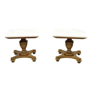 Vintage Empire Style Low Marble Top Pedestal Base Side Tables by Imperial - Pair For Sale