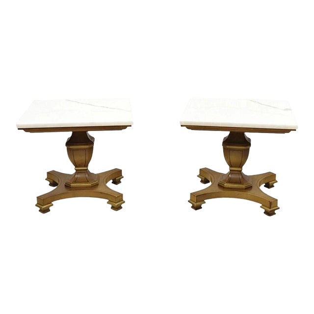 Vintage Empire Style Low Marble Top Pedestal Base Side Tables by Imperial - Pair For Sale