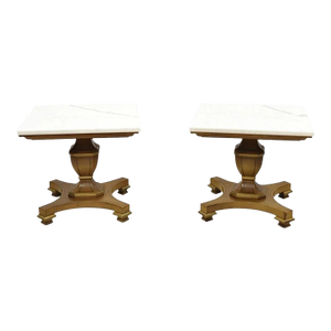 Vintage Empire Style Low Marble Top Pedestal Base Side Tables by Imperial - Pair