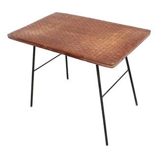 Mid Century Wicker Top Wrought Iron Base Side Table For Sale