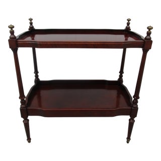 Two Tiered Serving Cart With Brass Finials and Casters For Sale