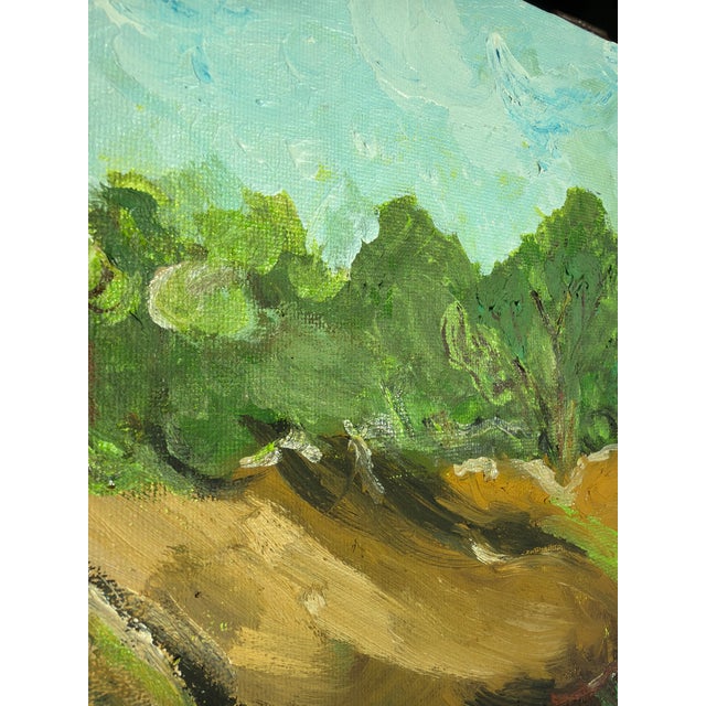 Original landscape painting by L. Romo, featuring golden rolling hills, lush green trees, and a turquoise-blue sky....