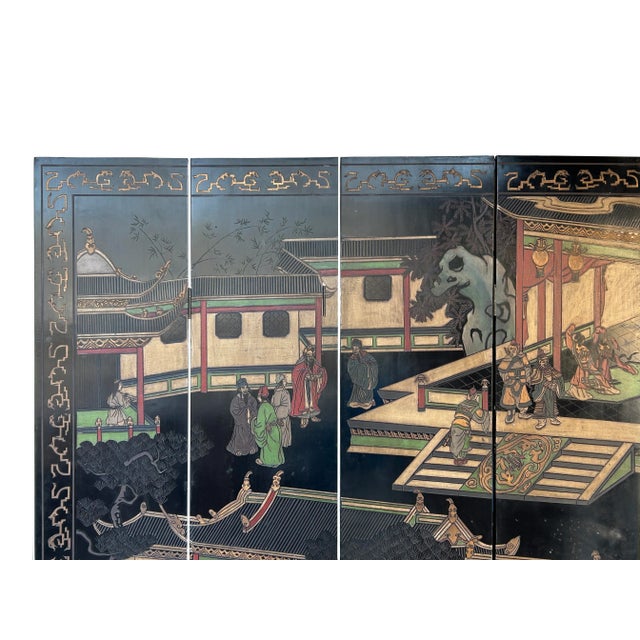Vintage Chinese Coromandel Lacquer Court House Theme 8 Panel Screen For Sale In San Francisco - Image 6 of 12