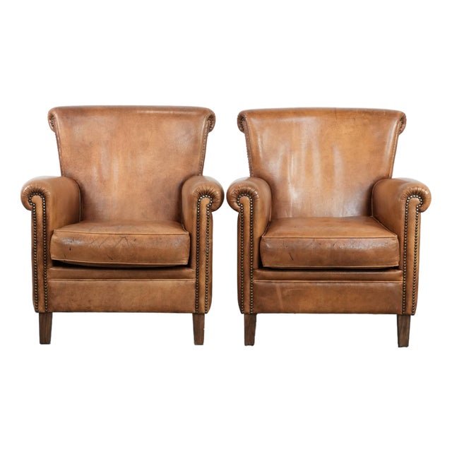 Vintage Sheepskin Leather Chairs, Set of 2 For Sale