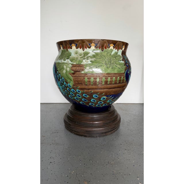 Mediterranean Antique Large Italian Style Peacock Cachepot Table For Sale - Image 3 of 9