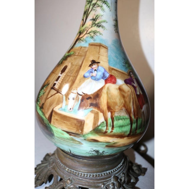Bronze Large Antique Hand Painted Porcelain Bronze Crystal Electrified Oil Table Lamp For Sale - Image 8 of 12