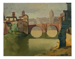 Trevisan, Paysage italien avec pont, Oil on Wood, Framed