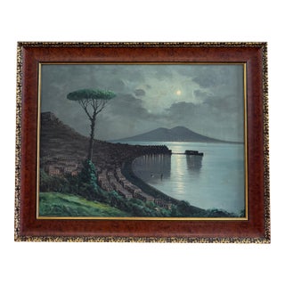 Mid-20th Century Carlo Ciappa “Bay of Naples by Moonlight” Signed Oil on Canvas For Sale