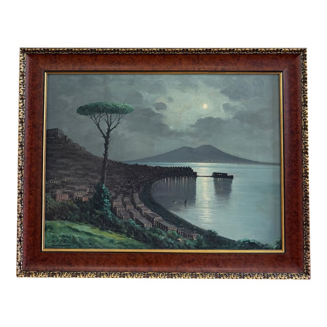 Mid-20th Century Carlo Ciappa “Bay of Naples by Moonlight” Signed Oil on Canvas For Sale