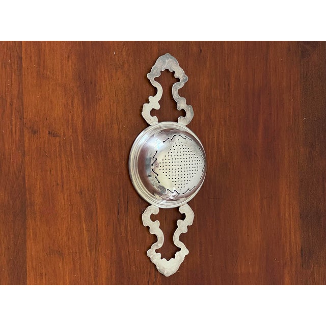 Metal Vintage Silverplate Tea Strainer With Ornate Handles, Victorian Style Double-Handled Strainer For Sale - Image 7 of 8