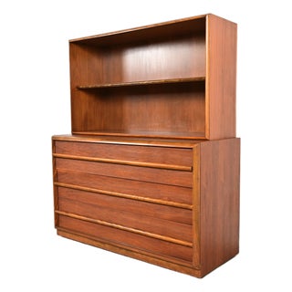 Robsjohn-Gibbings for Widdicomb Mid-Century Modern Sculpted Walnut Chest of Drawers With Bookcase Hutch Top, 1950s For Sale