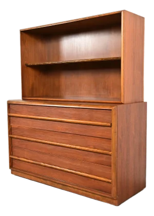 Robsjohn-Gibbings for Widdicomb Mid-Century Modern Sculpted Walnut Chest of Drawers With Bookcase Hutch Top, 1950s
