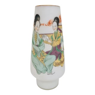 Japanese Opaline White Glass Vase Hand Painted With Geishas For Sale