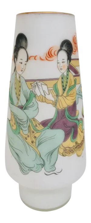 Japanese Opaline White Glass Vase Hand Painted With Geishas
