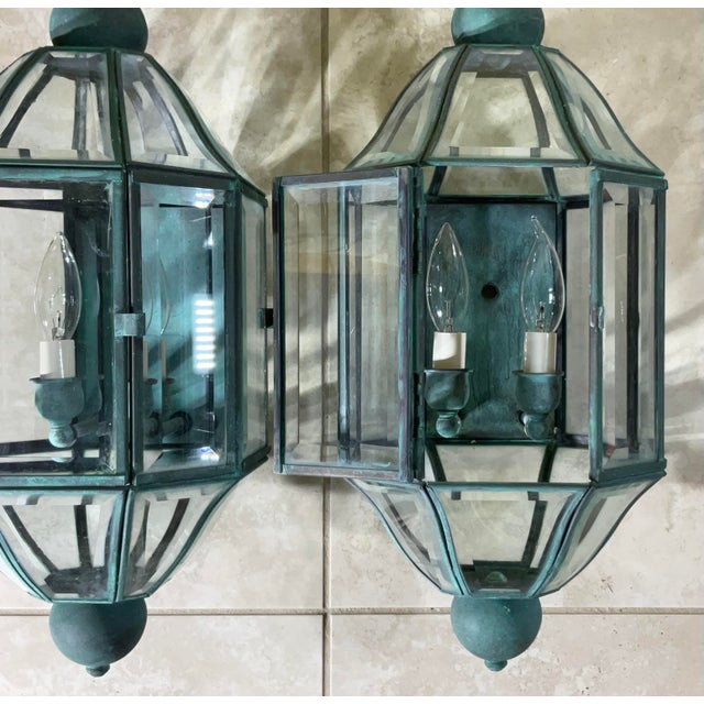 Turquoise Pair of Vintage Solid Brass & Beveled Glass Wall Lantern - Sconces - Verdigris For Sale - Image 8 of 14