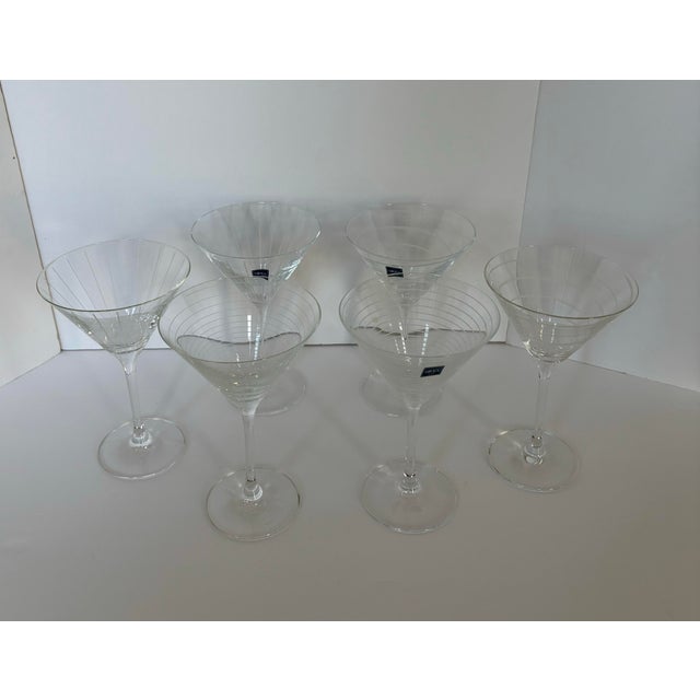 Mikasa Pair of Vintage Mikasa Cheers- Etched Glass Vertical Martini Glasses Modernist Barware For Sale - Image 4 of 8