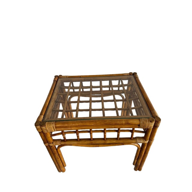 Chocolate Mid 20th Century Pair of Vintage Rattan and Bentwood Glass Top Side Tables - in the Style of Franco Albini For Sale - Image 8 of 11