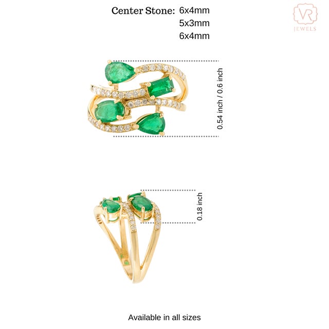 Gold Emerald Diamond Cocktail Wedding Ring Size 5.5 For Sale - Image 8 of 12