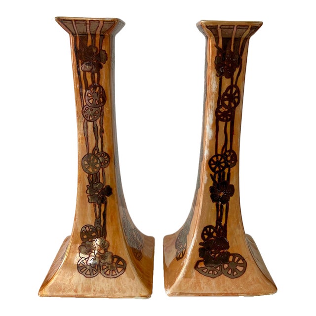 Antique B & Co. Limoges France Art Nouveau Porcelain Candlesticks Pair For Sale