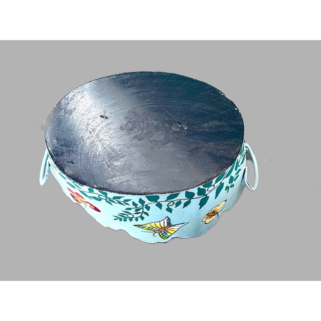 Teal Vintage Toleware (Tole Ware) Butterfly Cachepot – Teal Hand‑Painted Metal Planter / Jardiniere For Sale - Image 8 of 10