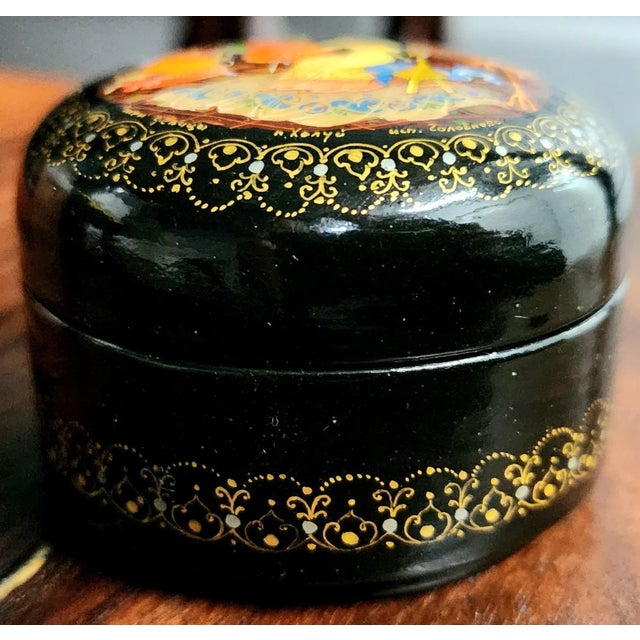 1980s Russian Vintage Polychrome Painted Fine Black Lacquer Covered Round Box For Sale - Image 5 of 10