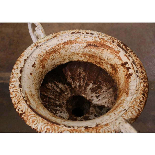 White 19th Century French Painted Weathered Iron Garden Urn Planters - Set of 2 For Sale - Image 8 of 9