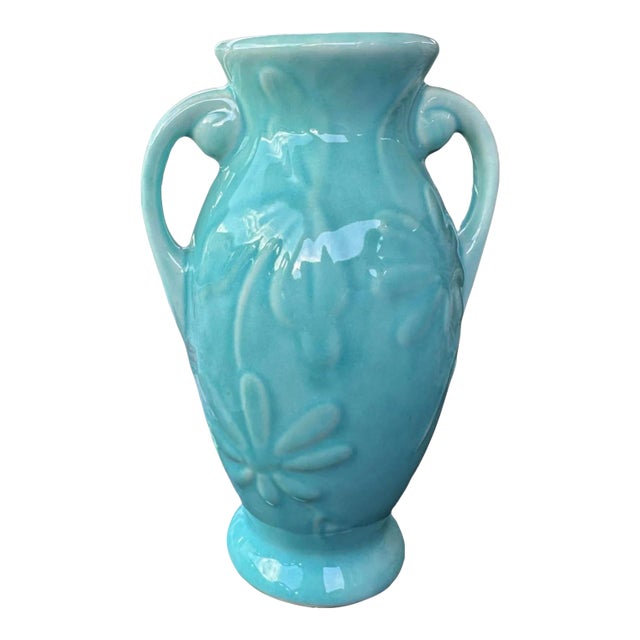 Vintage Mid-Century Turquoise Aqua Blue Floral Vase Shawnee Pottery For Sale