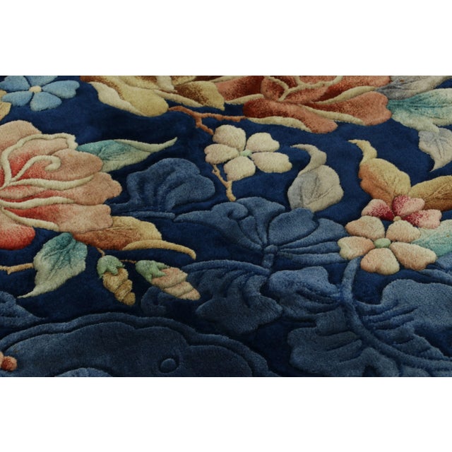Rug & Kilim Antique Chinese Art Deco Rug, Midnight Blue Field With Floral Sprays - Rug & Kilim For Sale - Image 4 of 7