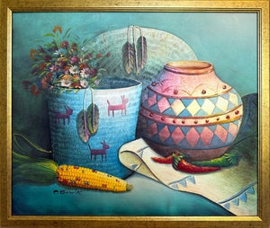 Late 20th Century Textured Signed Oil Painting Still Life, Folk Art Pottery Corn Adobe Scene Art