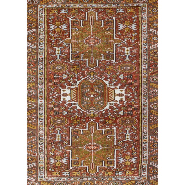 Olive Green, Yellow Green, Rust Red Antique Persian Karadjeh Rug Geometric Design For Sale - Image 4 of 8
