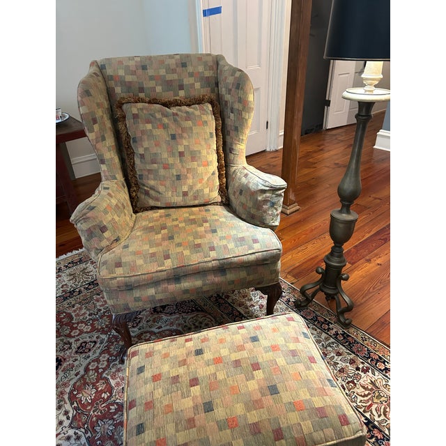 1970s Attributed to Baker Club Chair W/Ottoman and 2 Pillows; Checkered Earth-Tone Fabric For Sale In New York - Image 6 of 8