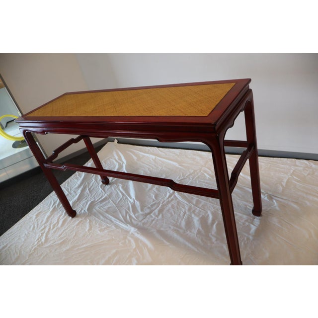 Swaim Swaim Attributed Hand Rubbed Cinnabar Finish With Natural Woven Raffia Top Console Table For Sale - Image 4 of 7