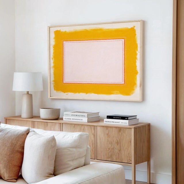 Contemporary Marigold Yellow & Pink Abstract Minimalist Art Print, 30 X 38 Print in Wood Frame For Sale - Image 3 of 5