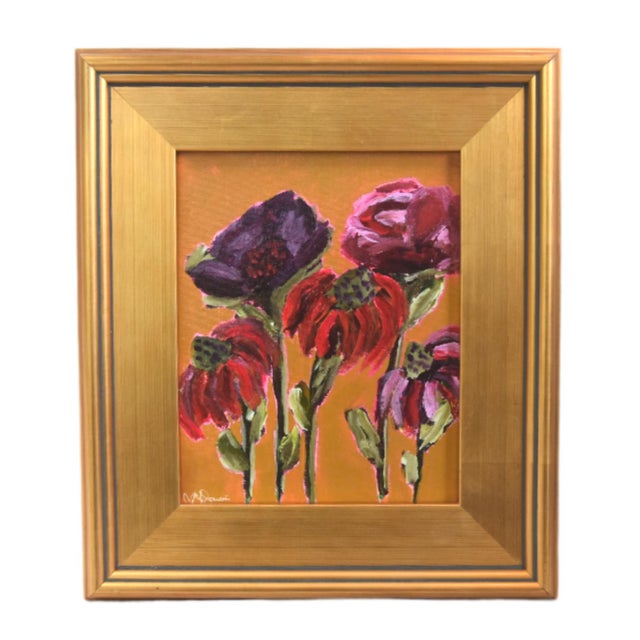 2020s Bold Impressionist Floral Painting Including the Antiqued Gold Wood Frame For Sale - Image 5 of 5