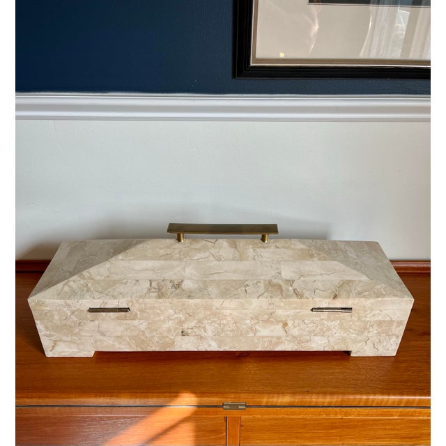 Vintage Cream Tessellated Stone Box With Brass Handle A sculptural decorative box with cream and beige tessellated stone...