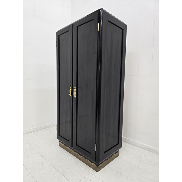 Viennese Art Deco Wardrobe in Black Lacquer with Brass Details, 1940s For Sale - Image 6 of 11