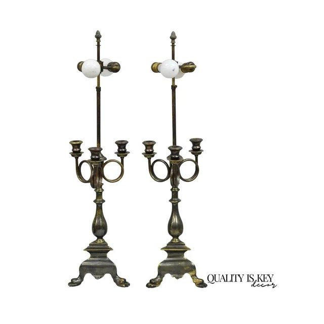 Late 20th Century Frederick Cooper French Empire Brass Patina Trumpet Candelabra Table Lamp Pair For Sale - Image 12 of 12
