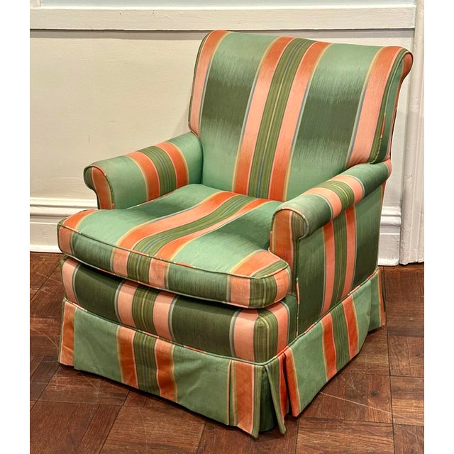 Green & Coral Striped Upholstered Club Chair, Palm Beach Style For Sale - Image 10 of 12