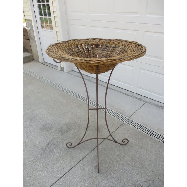 Tall Vintage Wrought Iron Metal and Wicker Rattan Plant Stand or Jardiniere For Sale - Image 6 of 13